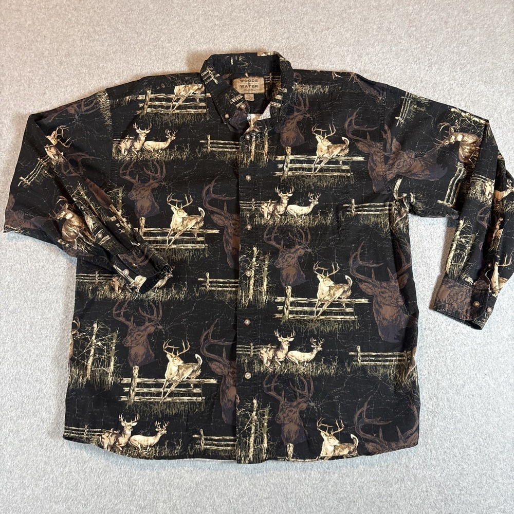 VTG Woods & Water Deer Theme Long Sleeve Button Down Men's‎ 2XL Black Antler 90s